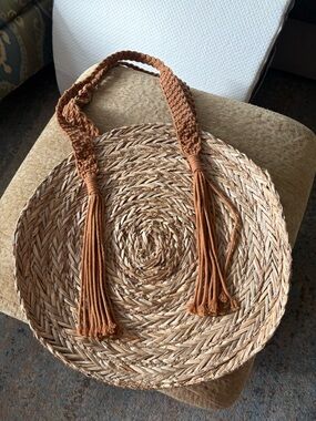 Woven Round Straw Tote with Brown Braided Tassel Handles